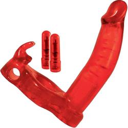 Double Penetrator Vibrating Rabbit Cockring with 5 Inch Dong, Red