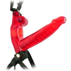 Double Penetrator Vibrating Strap-On Cock Ring, 5.75 Inch, Red