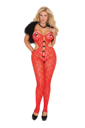 Lace bodystocking with open crotch and satin bow detail. Lace bodystocking with open crotch and satin bow detail.