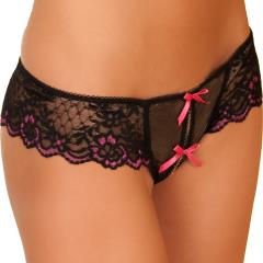 Rene Rofe Crotchless Lace Tanga with Bows, Small/Medium, Black with Pink Trim
