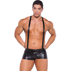 Zeus Wet Look Suspender Shorts, One Size, Black