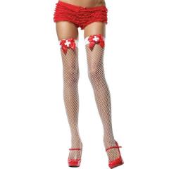 Leg Avenue Thigh Highs with Bow and Nurse Badge, One Size, White/Red
