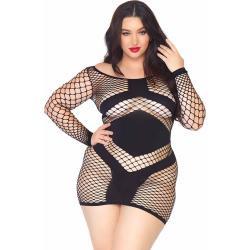 Leg Avenue Diamond Net Long Sleeved Mini Dress with Opque Panel, One Size Queen, Blac