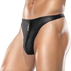 Male Power Zipper Thong Underwear with O-Ring Detail, Large/Extra Large, Black