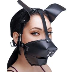 Master Series Pup Puppy Play Hood and Breathable Ball Gag, Adjustable Size, Black