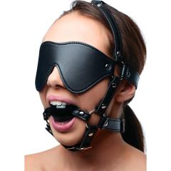 STRICT by XR Brands Blindfold Harness and Ball Gag, Black