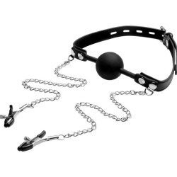 STRICT by XR Brands Silicone Adjustable Ball Gag with Nipple Clamps, Black