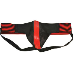 Bondage Leather Jockstrap with Stripes, Medium, Red/Black