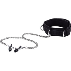 Ouch! Velcro Collar with Nipple Clamps, One Size, Black