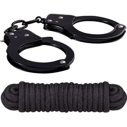Sinful Metal Cuffs with Keys and Love Rope, Black