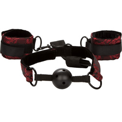 CalExotics Scandal Breathable Ball Gag With Cuffs and Restraints, Red/Black