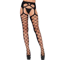 Diamond Net Opaque Stockings With Attached Garter Bel, One Size, Black