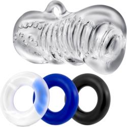 Jerk Off Quickie Kit with Stroker and Rings, Clear/Blue