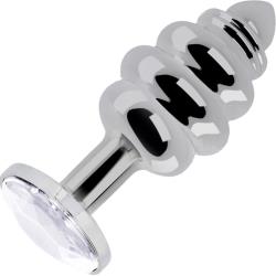 Rich Ribbed Metal Butt Plug, 3.25 Inch, Silver/Diamond