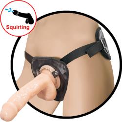 Natural Realskin Squirting Penis with Harness, 8 Inch, Vanilla