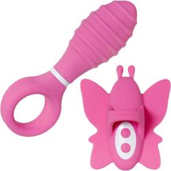 Double Date Rechargeable Butterfly Finger Ring & Vibrating Anal Plug Set, Pink