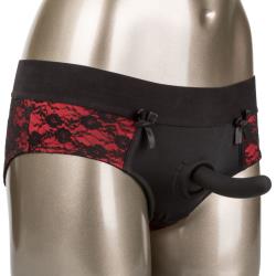 Scandal Crotchless Panty Pegging Strap-On Set, Small/Medium, Black/Red