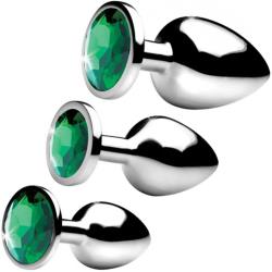 Booty Sparks Emerald Gem Set of 3 Anal Plugs, Silver/Green