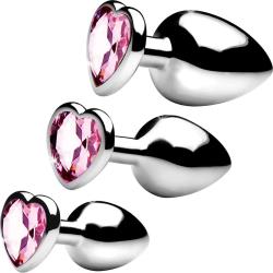 Booty Sparks Pink Heart Gem Set of 3 Anal Plugs, Silver/Pink