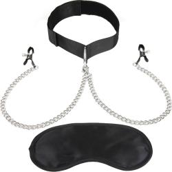 Lux Fetish Collar and Nipple Clips, Black