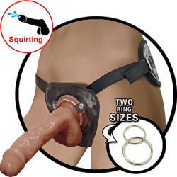 Natural Realskin Squirting Penis with Harness, 8 Inch, Brown Cock