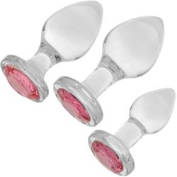 Booty Sparks Pink Gem Glass Set of 3 Anal Plugs, Clear/Pink