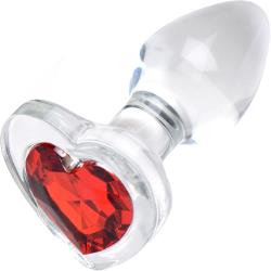 Booty Sparks Red Heart Gem Glass Anal Plug, 2.8 Inch, Clear/Red