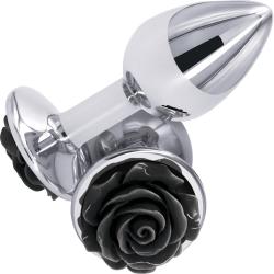 Rear Assets Tapered Metal Butt Plug, Small, Silver/Black Rose