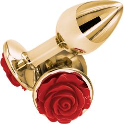 Rear Assets Tapered Metal Butt Plug, Small, Gold/Red Rose