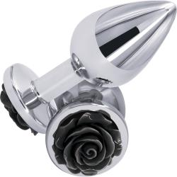 Rear Assets Tapered Metal Butt Plug, Medium, Silver/Black Rose