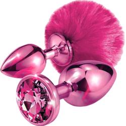 Nixie Pom Pom and Jewel Inlaid Metal Butt Plug Set, Metallic Pink