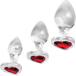 Adam and Eve 3-Piece Glass Anal Plug with Red Gemstone Heart Base Set, Clear