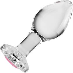 Adam and Eve Glass Anal Plug with Pink Gemstone Base, 3.43 Inch, Clear