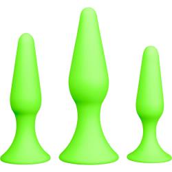 Ouch! Glow in the Dark 3-Piece Silicone Anal Plug Set, Neon Green