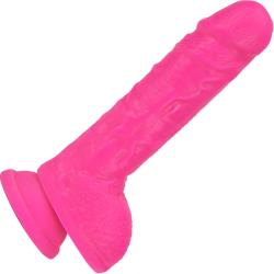 Neo Dual Density Dildo with Balls and Suction Cup, 9 Inch, Neon Pink