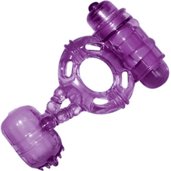 Macho Double Cock and Balls Vibrating Ring with ClitTickler, Purple