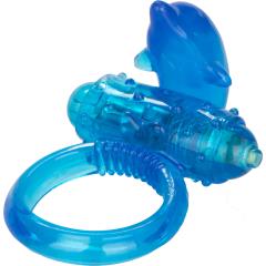 Silicone One Touch Blue Dolphin Cordless Vibrating Cock Ring, Blue