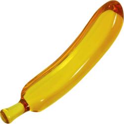 Amber Banana G-Spot Glass Dildo with Storage Bag, 5.5 Inch
