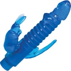 Ribbed Bunny Waterproof Vibe with Anal Tickler, 8 Inch, Blue