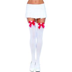 Leg Avenue Opaque Thigh High Stockings with Satin Bows, One Size, White/Red