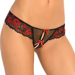 Rene Rofe Crotchless Lace Thong with Bows, Small/Medium, Red