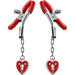 Master Series Crimson Tied Collection Nipple Clamps with Heart Padlocks, Red