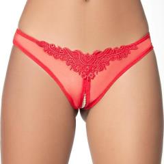 Oh LaLa Cheri Lace Thong with Pearl Strand, One Size, Cherry Red