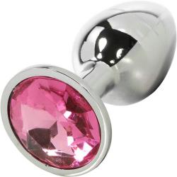 Icon Brands Silver Starter Bejeweled Steel Butt Plug, 2.8 Inch, Pink Stone