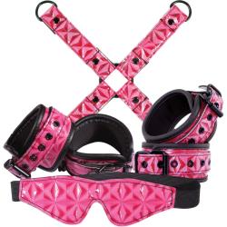 Sinful Vinyl Bondage Kit with Cuffs, Hogtie and Blindfold, Pink Starburst