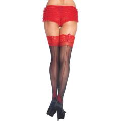 Leg Avenue Sheer Corset Lace Top Stockings with Cuban Heel, One Size, Black/Red