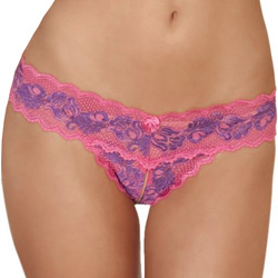 Rene Rofe Crotchless Lace V Thong Panty, Small/Medium, Pink/Purple