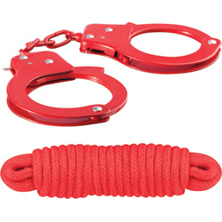 Sinful Metal Cuffs with Keys and Love Rope, Red