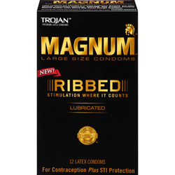 Trojan Magnum Ribbed Large Size Lubricated Condoms, 12 Pack