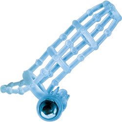 Macho Vibrating Cock Cage with Clit Teaser, 5.5 Inch, Blue